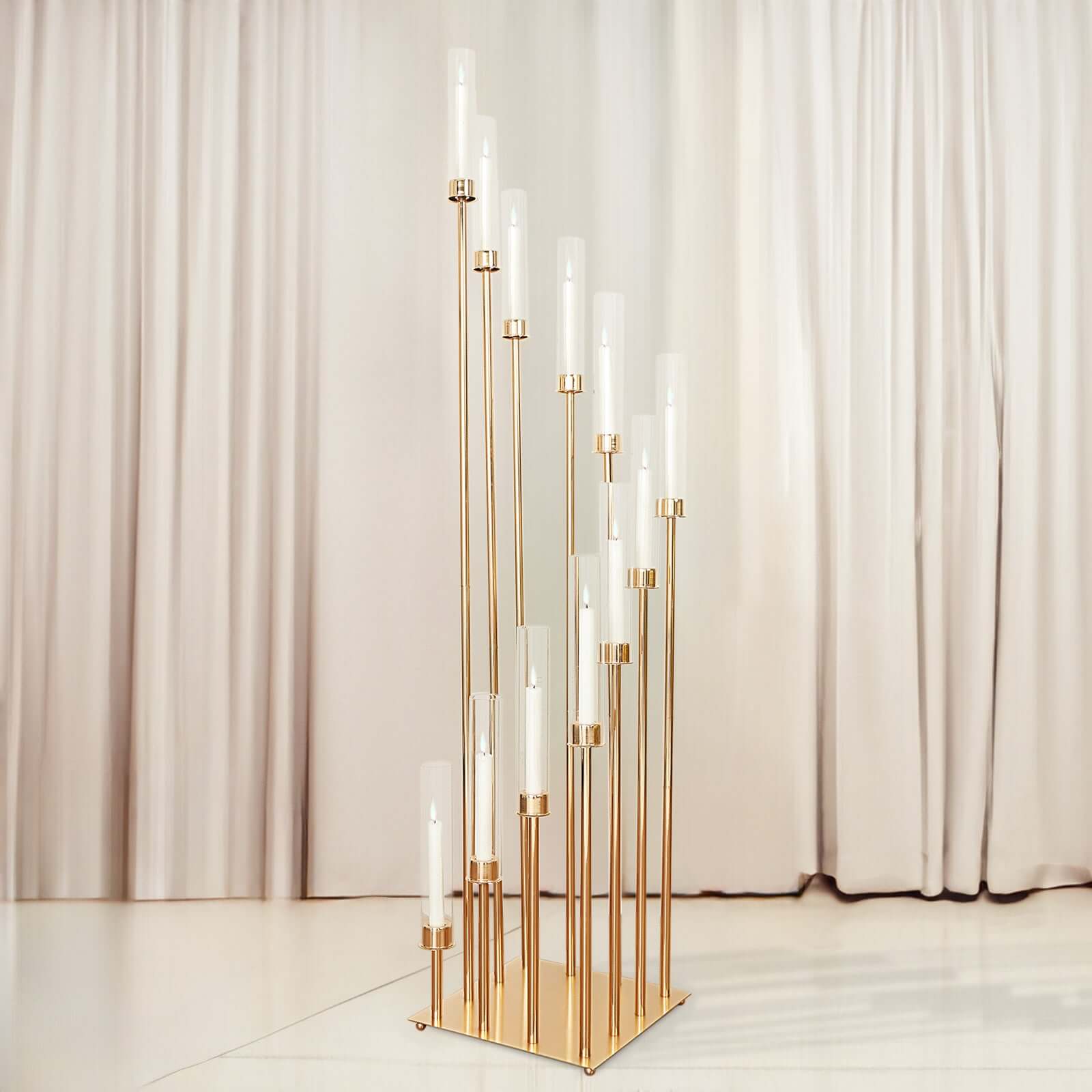 12-Arm Gold Cluster Taper Candle Holder with Clear Glass Shades 57" - Luxurious Large Candle Arrangement for Weddings