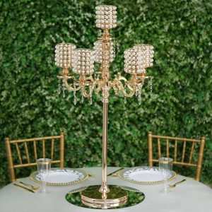 Metal Pearl Beaded Candelabra in Gold 6-Arm with Crystal Chandelier Pendants, Adjustable Table Centerpiece